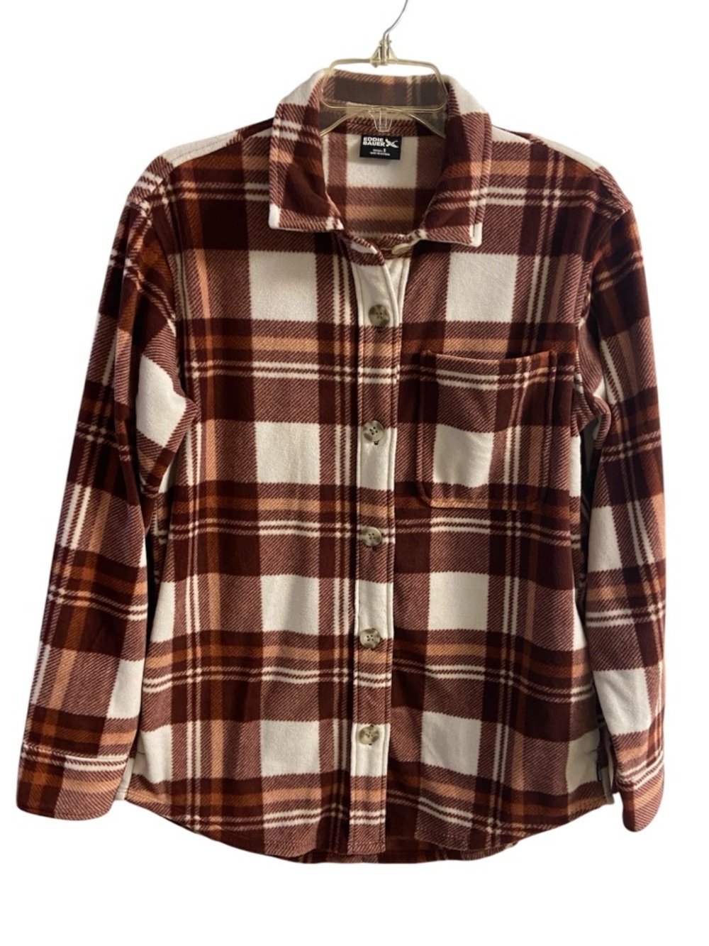 Eddie Bauer micro fleece plaid button front shirt jacket Brown white Small NWOT
